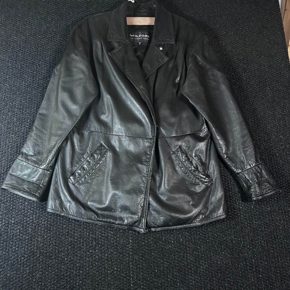 Wilsons The Leather Experts Men Black 100% Leather Moto Button Snap Jacket‎ S